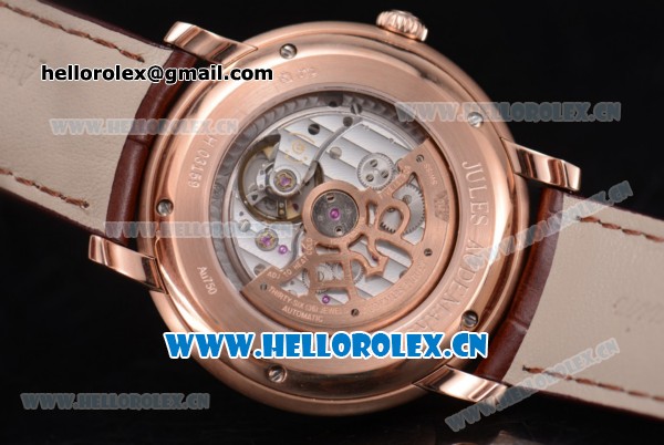 Audemars Piguet Jules Audemars Clone AP Calibre 3120 Automatic Rose Gold Case with Stick Markers Silver Dial and Brown Leather Strap - Click Image to Close